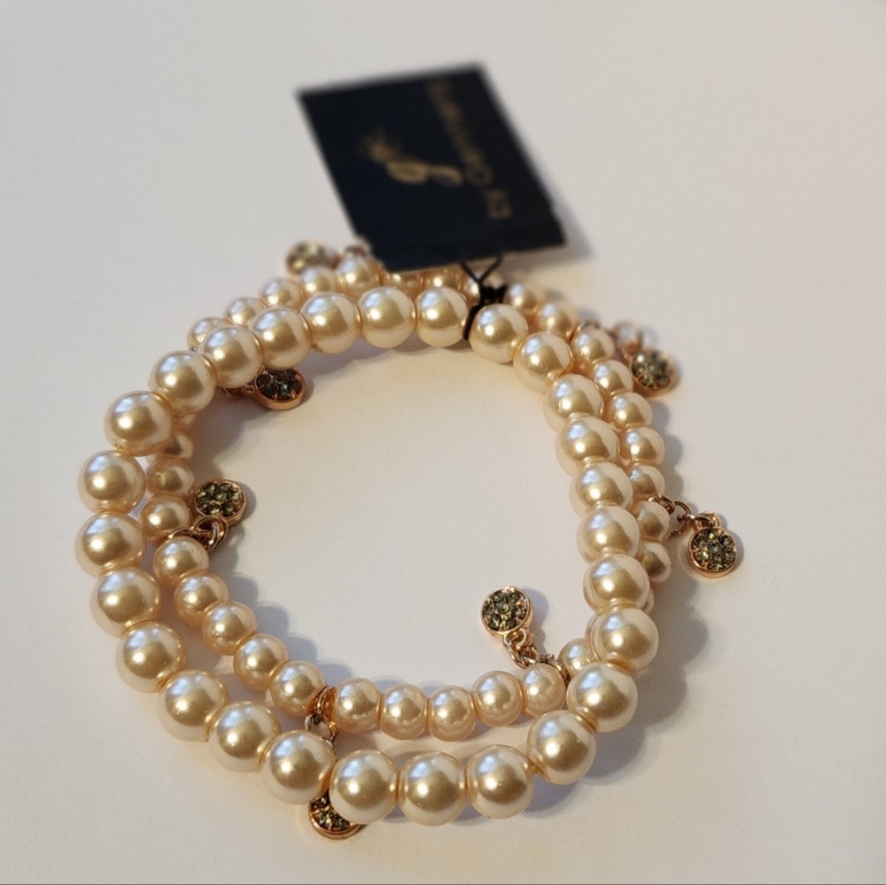 Double Faux Pearl Bracelet with Green/Gold Round Charms by Gennaro
